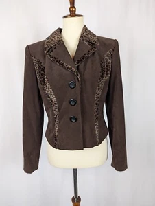 Gantos Brown Faux Suede Leopard Print Vintage 90s Blazer Jacket Made USA Sz 10 - Picture 1 of 10