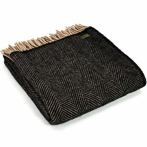 TEXTILES DE TWEEDMILL 100% Lana Cama Manta ESPINA DE ARENQUE DE COLECCIÓN NEGRA/BEIGE - Imagen 1 de 12