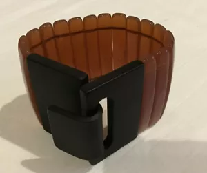 NEW Pono by Joan Goodman Buckle Stretch Bracelet Amber/Dark Brown Resin 2" wide - Picture 1 of 4