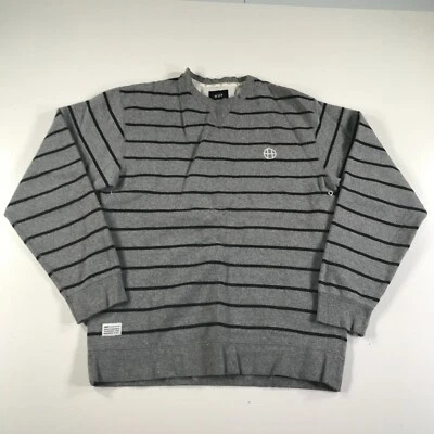 HUF Sweatshirt Mens Medium Heather Gray Black Striped Chest Logo Cotton Blend - Image 1 of 4