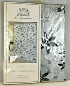 Elise Vinyl Shower Curtain 70 x 72 Inch Clear Opaque Black & White Flowers New  - Picture 1 of 2