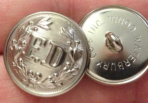 "FD" Fire Department Uniform Buttons - Waterbury Button Co. Nickel 7/8" - Picture 1 of 1