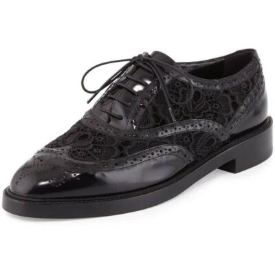 Authentic New BURBERRY Women's Black GENNIE Lace Wing-Tip Oxford Shoes 6.5 US - Imagem 1 de 4