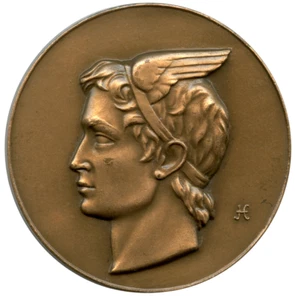 FRANCIA MERCURIO HERMES BRONZO MEDAGLIA ART DECO 50mm 85g - Foto 1 di 4