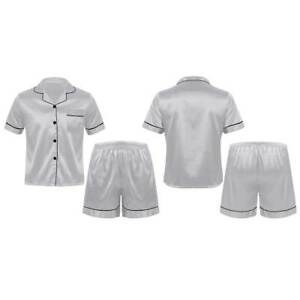 Men Silk Satin Pajamas Set Short Sleeve Shirt Top Sleepwear Nightwear Loungewear