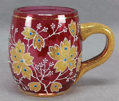 Antigua taza bohemia Harrach esmalte azul blanco y dorado hojas de frita Craberry Foto 1 de 4