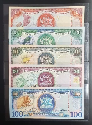 Trinidad y Tobago 2002 juego de cinco billetes de $1, $5, $10, $20, $100, elección sin circular Foto 1 de 4