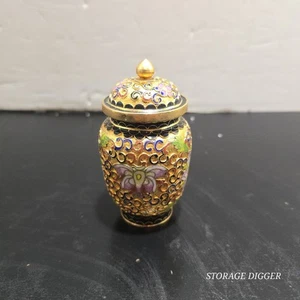 VTG Chinese Small Gold Floral Cloisonne Ginger Jar With Lid 4" Tall, Blue Inside - Picture 1 of 10