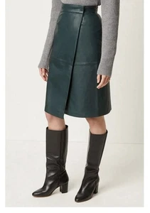 Falda de cuero French Connection 10 envolvente cintura alta midi verde bosque de moda - Imagen 1 de 13