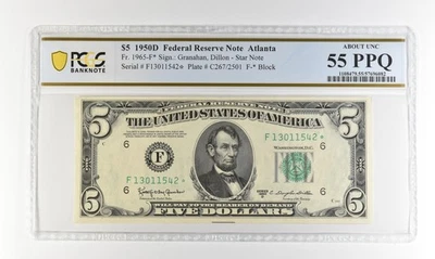 1950 D $5 Atlanta GA FRN Fr#1965-F* Star Note About Unc 55 PPQ PCGS *4518 - Image 1 of 3