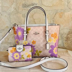 Coach Mollie Tote Bag 25 In Signature Canvas Floral Print +Wallet Sand Multi NEW - Picture 1 of 16