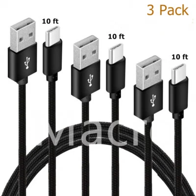 3-Pack 10ft Type-C Nylon Braided USB Data Sync Charger Charging Cable Cord - Image 1 of 4