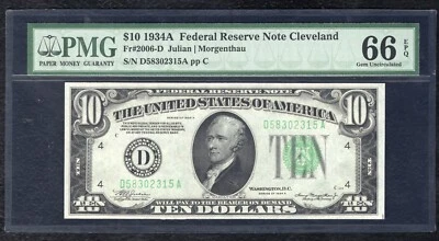 FR. 2006-D 1934-A $10 FRN FEDERAL RESERVE NOTE CLEVELAND, OH PMG GEM UNC-66EPQ - Image 1 of 2