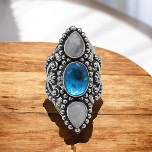 925 Sterling Silver Swiss Blue Topaz Gemstone Handmade Jewelry Ring (US) Size-7 - Picture 1 of 9