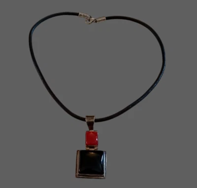 T.JT 925 Esterlina Rojo Coral Negro Ónix Colgante Silpada Cuero Cordón Collar 16" Foto 1 de 4