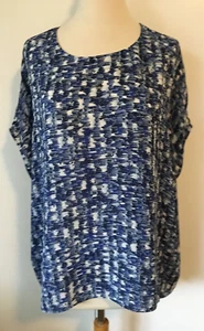 DAVID LAWRENCE Blue White Abstract Box Square Cut Cap Sleeve Oversize Top 6 EUC - Picture 1 of 6