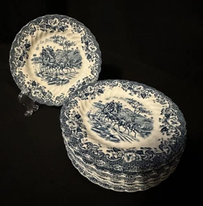 10 Regency Blue Coaching Scenes Johnson Brothers Bread & Butter Plates Ironstone - Picture 1 of 5