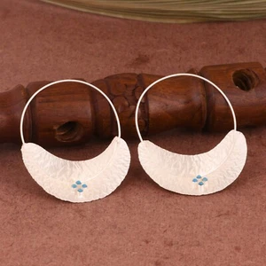 925 Sterling Silver Fulani Earring With Turquoise Hammered Fulani Hoop Earring - Picture 1 of 7