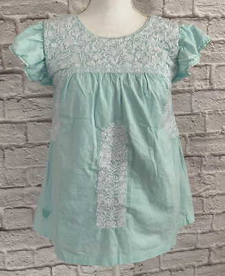 Пуловер J Marie XS Aqua синий белый с вышивкой верх с оборками рукавами с подкладкой - Изображение 1 из 4