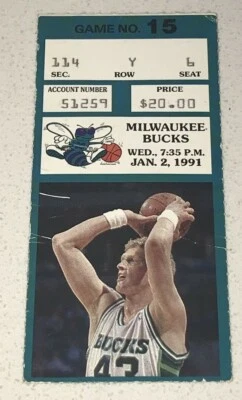 Bucks Hornets NBA Game Used Ticket Stub Jack Sikma Photo Pic 1/2/1991 - Image 1 of 2
