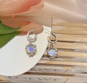 Moonstone Earrings Irregular Liquid Boho Silver Lava CZ Irregular - Picture 1 of 6