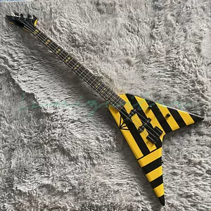Yellow Black Strip Electric Bass Guitar 4 String SS Pickups Swallow Tail V Shape - Picture 1 of 5