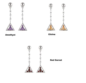 925 Sterling Silver Gemstone Triangle Earrings in Garnet,Amethyst, Citrine stone - Picture 1 of 7