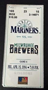 Boleto de temporada 4-15-94 Randy Johnson Win 69 CG 11 Ks Cerveceros Marineros Salón de la fama - Imagen 1 de 2