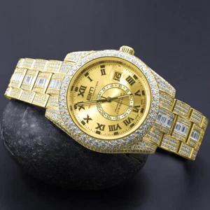 Solid Stainless Steel 18K Yellow Gold Finish Simulated Diamond Watch W/Date 42mm - Picture 1 of 6