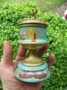 Antique 19th Century French Ormolu Hand-Painted Porcelain & Brass Inkwell (5") - Picture 1 of 24