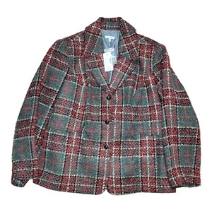 Fashion Bug Red Black Metallic Plaid Tweed Blazer Jacket Academia NWT Size 28W - Picture 1 of 8