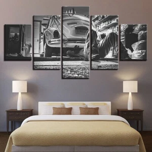Black & White Worker Repairing The Car Canvas Prints Painting Wall Art 5PCS - Picture 1 of 5