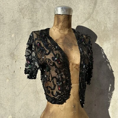 Blusa Chaqueta Vestido Top Camisa Vintage Años 30 Negra Floral Lentejuelas Sobre Red Art Deco Foto 1 de 4