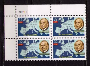 US USA Sc# 3141 MNH FVF PLATE # BLOCK George C Marshall Plan Europe General WWII - Picture 1 of 1