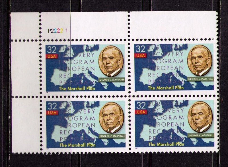 US USA Sc# 3141 MNH FVF PLATE # BLOCK George C Marshall Plan Europe General WWII - Image 1 of 1