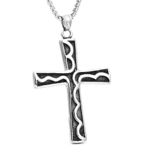 For Men Silver Black Cross Pendant Necklace Christian Catholic Jewelry Chain 24" - Picture 1 of 5