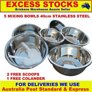 5 x Mixing Bowls Stainless Steel 40cm Induction Safe + 400mm Colander + Scoop