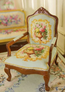 1:12 Scale Handcarved Miniature Chair with Floral Upholstery - Dollhouse - Picture 1 of 6