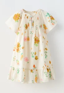 Zara NWT Toddler Girl's Floral Print Short Sleeve Ocher Dress Size 2-3 Years - Picture 1 of 11