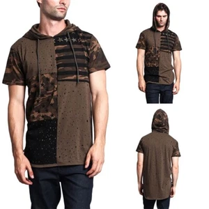 Victorious Men's Casual Star Print Block Camo Splatter Hooded T-Shirt TS7029 - Picture 1 of 8