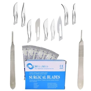 100 Sterile Surgical Blades with FREE Scalpel Knife Handle Medical Dental Tools - Picture 1 of 10