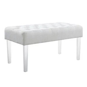 Linon Home Decor Bench W/ Acrylic Legs Button Tufts White Linen Weave - Picture 1 of 6