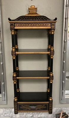 Chinoiserie Style Pagoda Wall Shelf Black Gold Faux Bamboo Asian W/ Drawer - Image 1 of 4