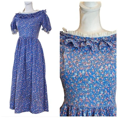 Vestido Pradera Vintage Años 70 Para Mujer Talla 6 Azul Ditsy Floral Manga Larga Abullonada Foto 1 de 4