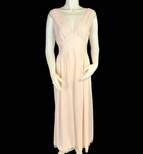 VTG. Goddess Blush Pink Plunge Neck Silky Nylon Chiffon Nightgown w Lace Bust 36 - Picture 1 of 12