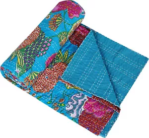 Queen Vintage Quilt Bed Runner Kantha Floral Bedspread Cotton Hippie Blanket - Picture 1 of 5