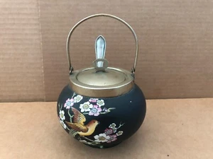 Gorgeous ADAMS TUNSTALL England Black Jar Flowers Bird w/ Silver Handle Lid - Picture 1 of 11