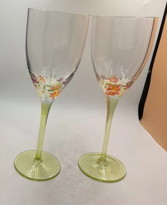 Wine Glasses Sticia Romania Stem HAND-PAINTED Daisy Flowers Spring Summer Fun - Image 1 of 4