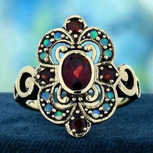 9K Yellow Gold Natural Garnet and Opal Vintage Style Cocktail Ring - Picture 1 of 8