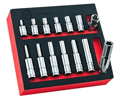 Britool Hallmark 14 Piece E Torx Star Standard & Deep 1/4'' Socket Set E4-E11 - Image 1 of 4